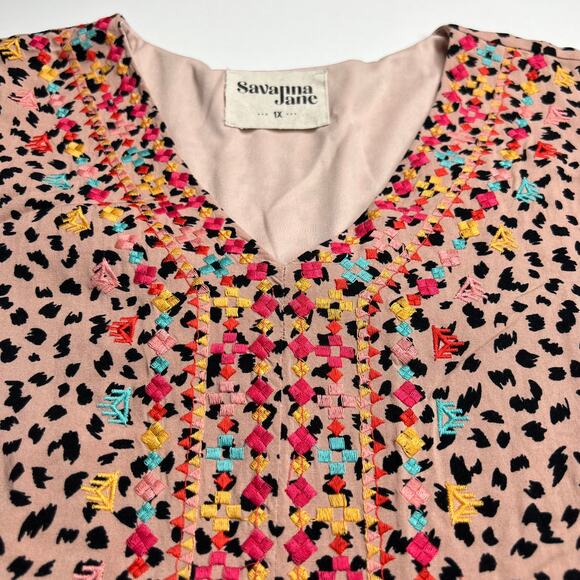 Savanna Jane Animal Print Embroidered Boho Shirt Dress Ruffle Hem Casual Size 1X - Picture 6 of 16